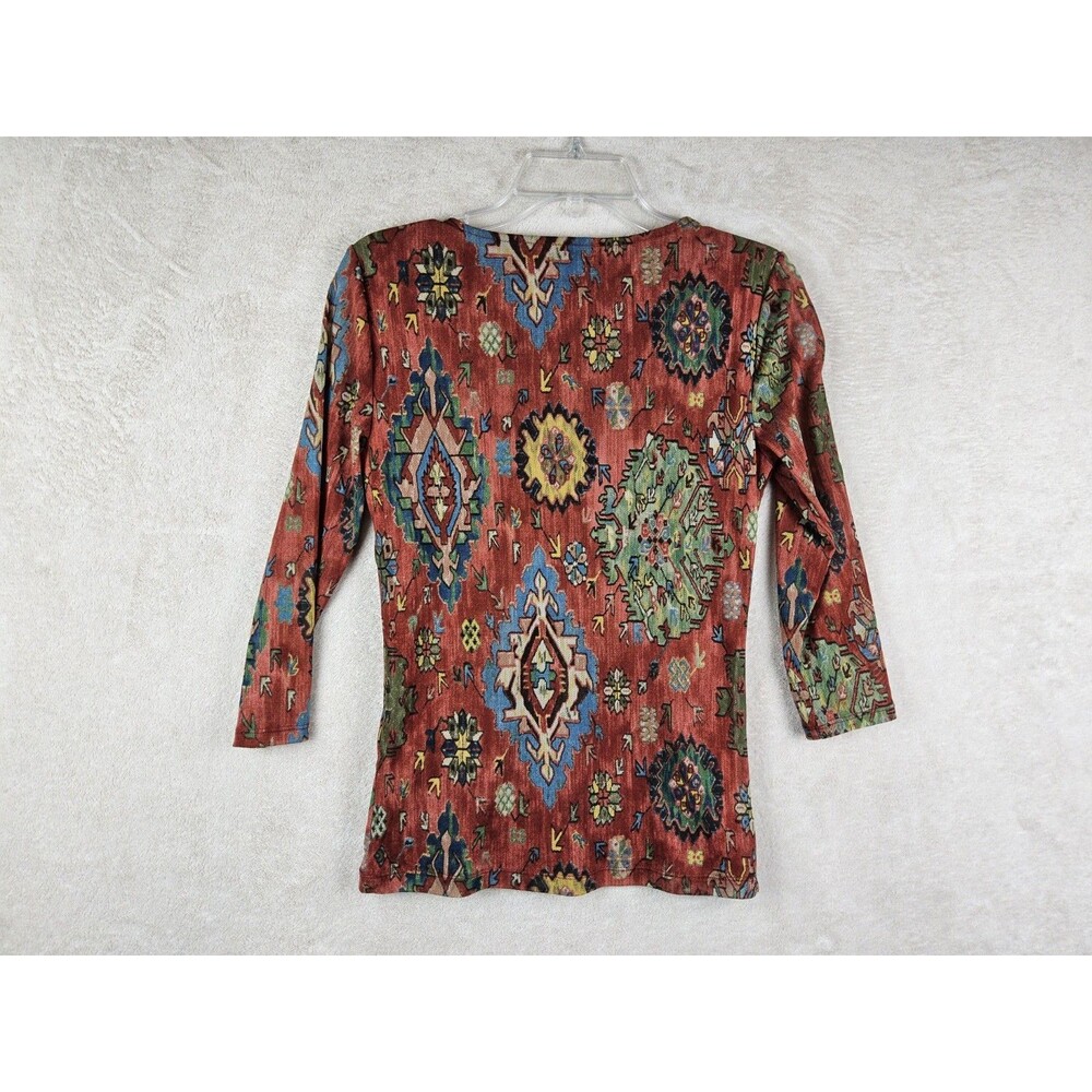 Vintage Chaps Denim Women's Rust Boho Aztec Print 3/4 Top Size S - Picture 2 of 3